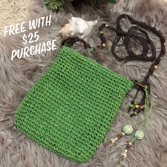 FREE WITH $25 PURCHASE Sun N Sand Woven Bag-Crossbody-Beaded Accents-Green/Brown - Picture 1 of 15